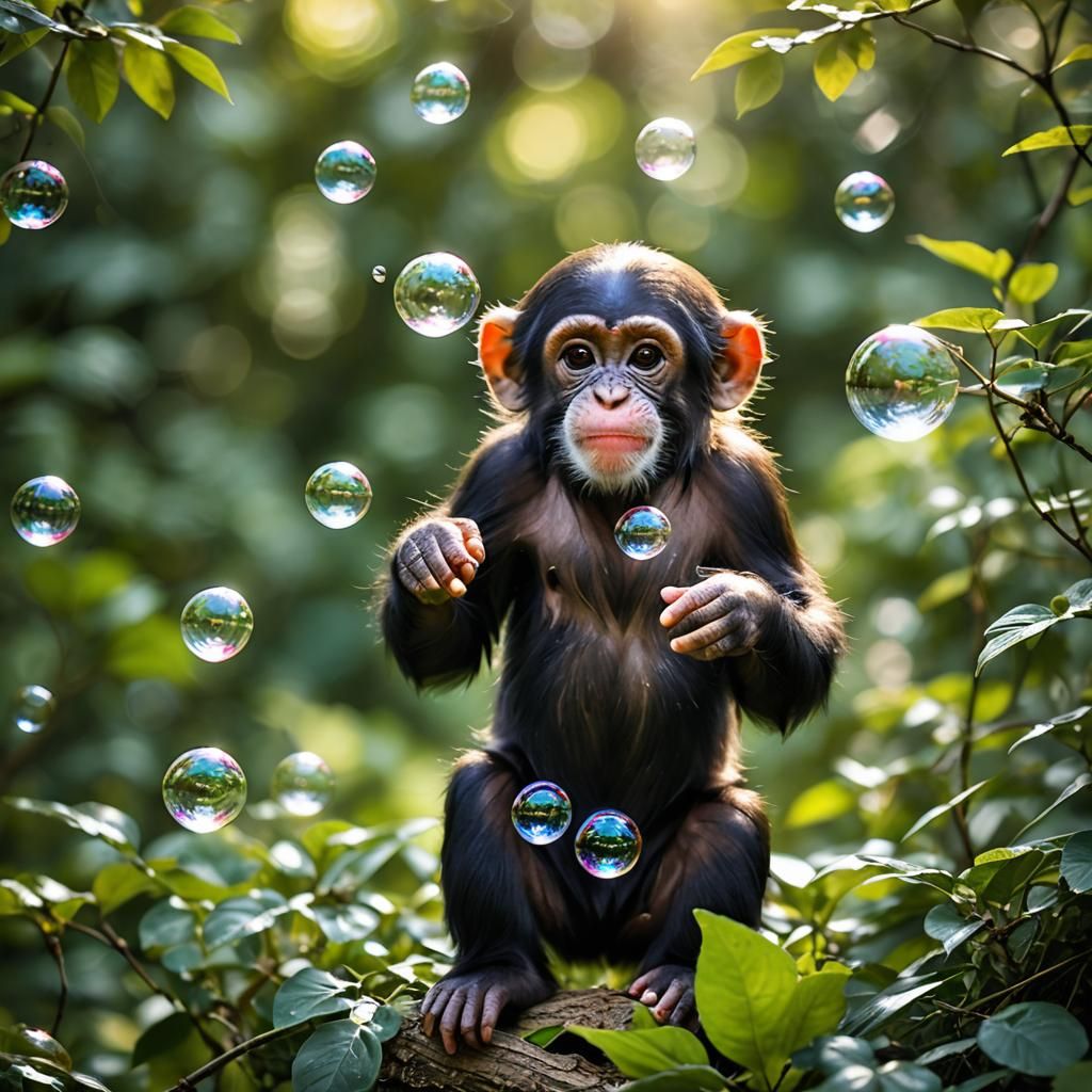 Baby Chimpanzee blowing soap bubbles