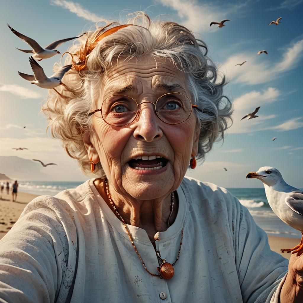 Grandma's Shocking Beach Selfie with Seagull
