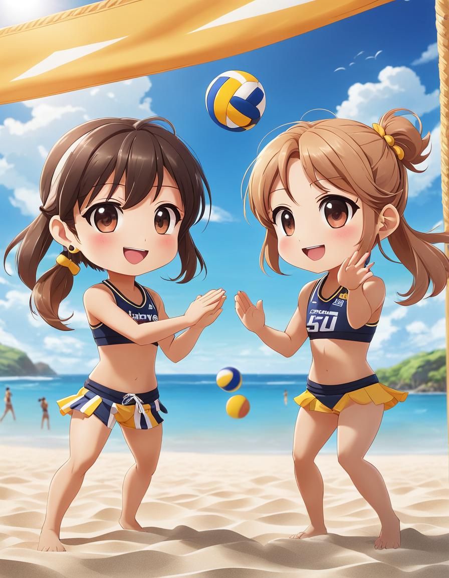 Chibi Kids' High Five on Beach Volleyball Court