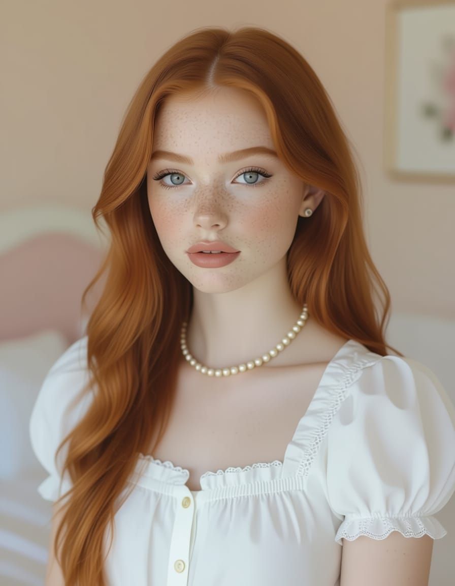 Teen Gen Z Redhead Girl in Cream Pink Bedroom