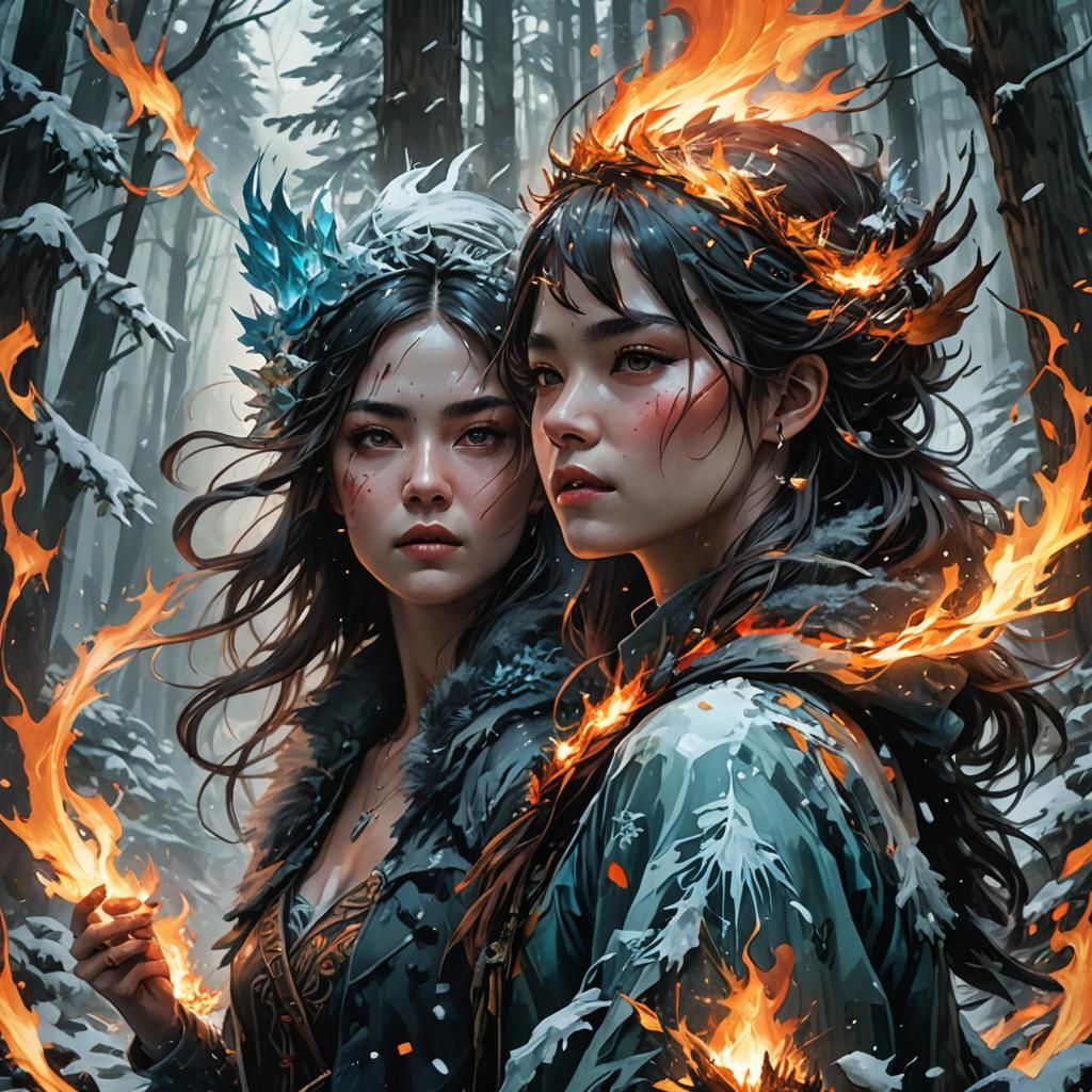 Fire and Ice Forest Diptych in Art Nouveau Style