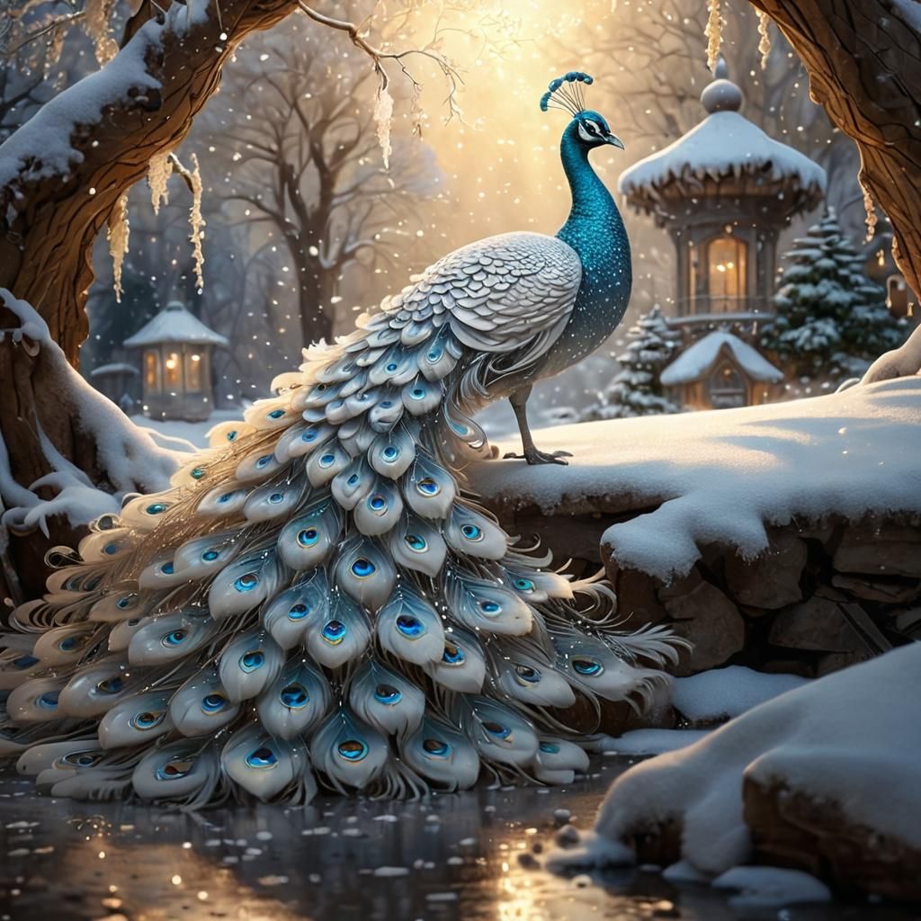 Ethereal Peacock in Snowy Dreamscape