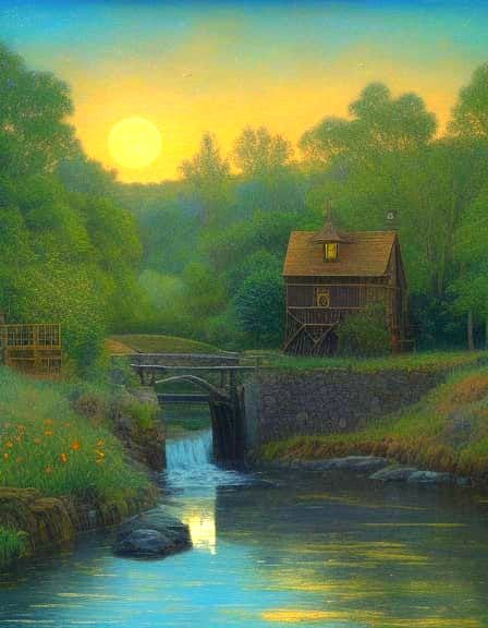 Mystical Feline Observes Iridescent Water Wheel Scene