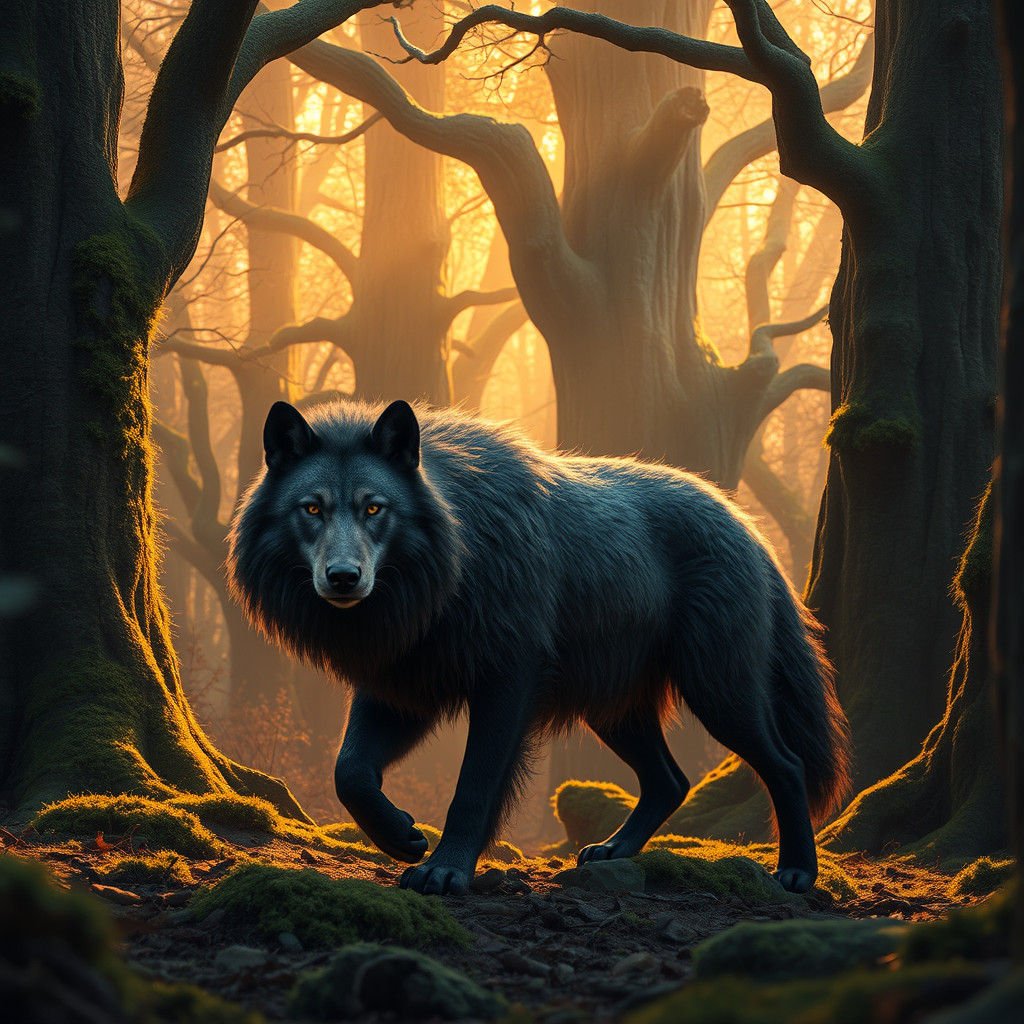 Majestic Wolf in Mystical Forest: Digital Art
