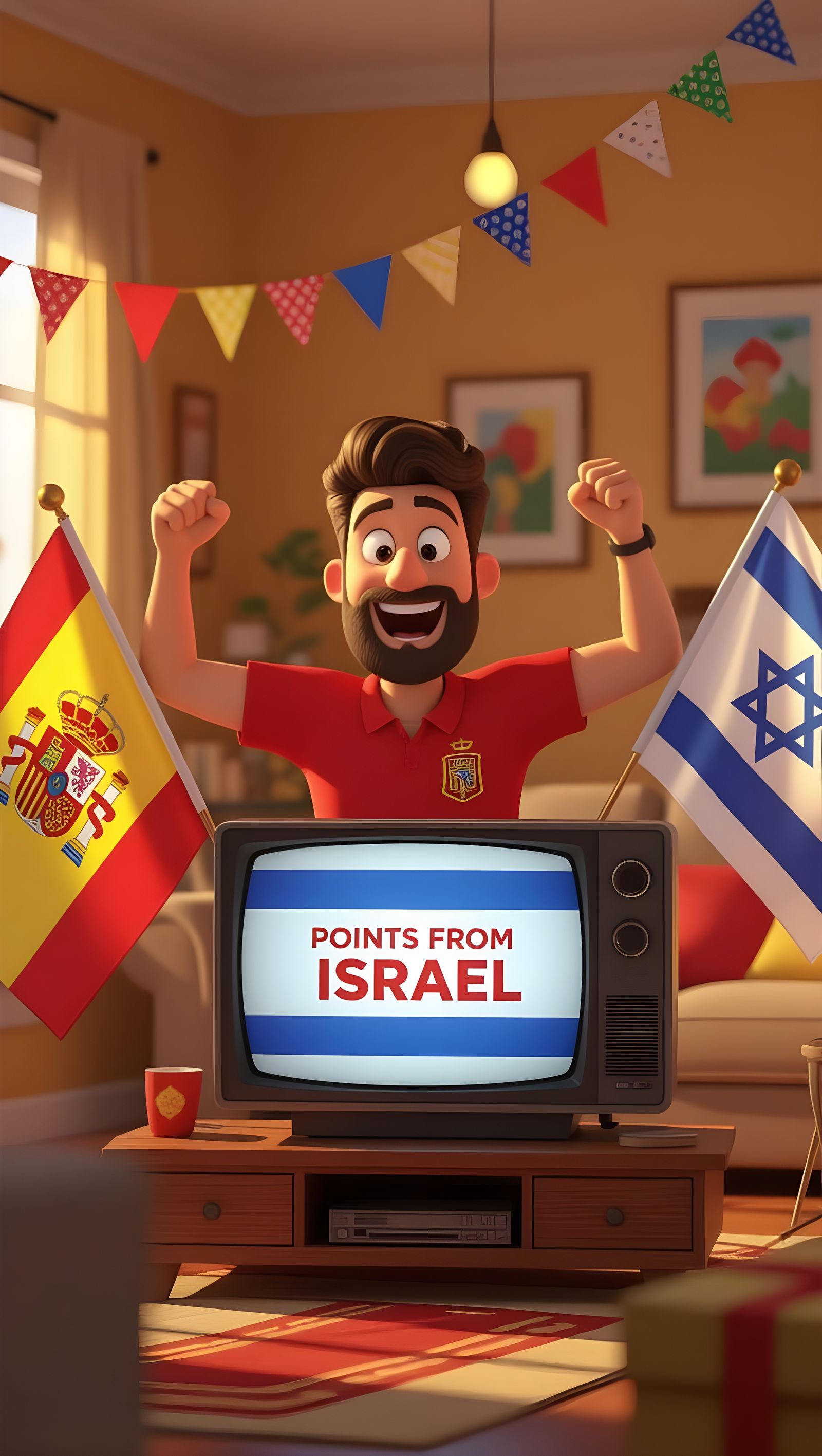 Joyful Man Cheering Eurovision in 3D Cartoon Style