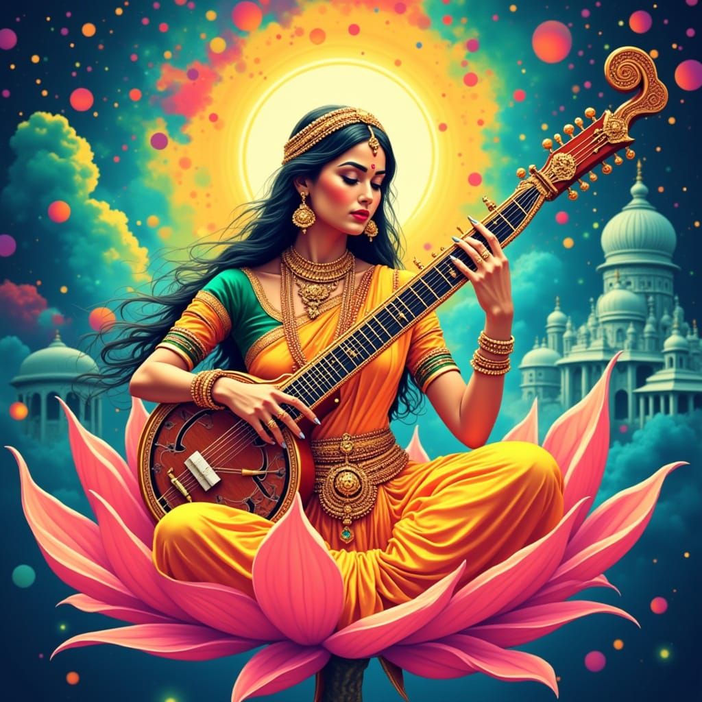 Divine Sitar Player on Floating Lotus in Vibrant Cosmic Scen...
