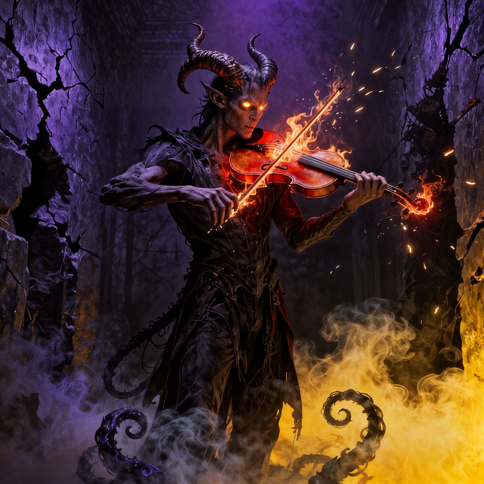 Demonic Violinist Playing Fiery Instrument in Shadowed Room