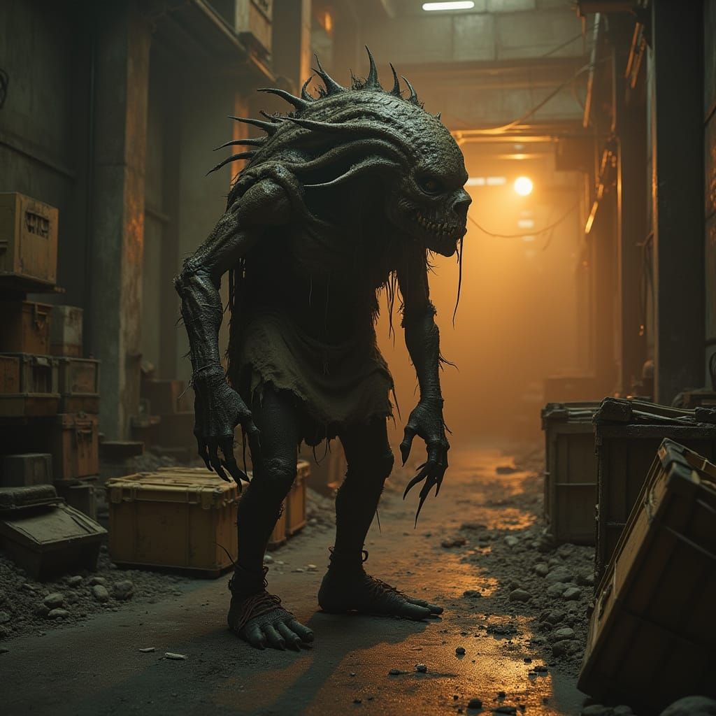Grotesque Monster in Ransacked Warehouse as Dark Art