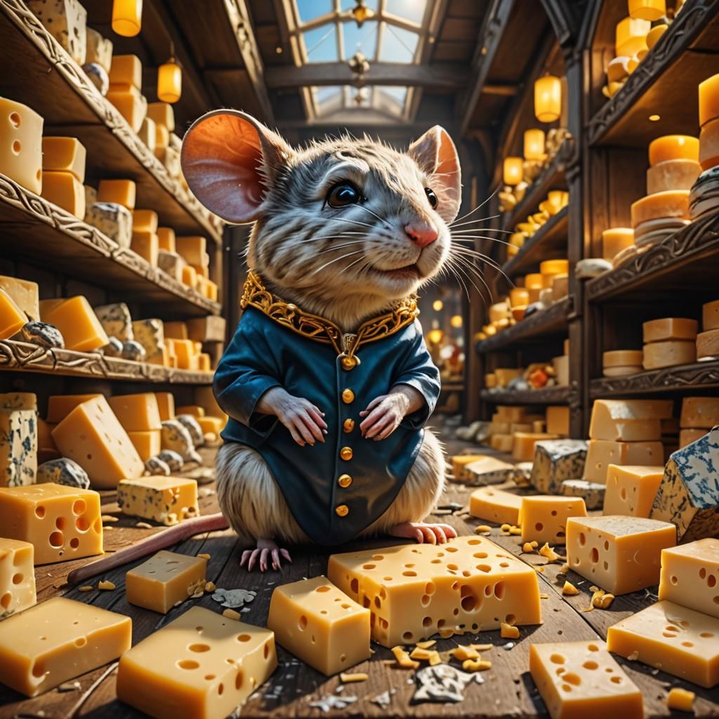 Opulent Mouse in Cheese Palace: Detailed Concept Art