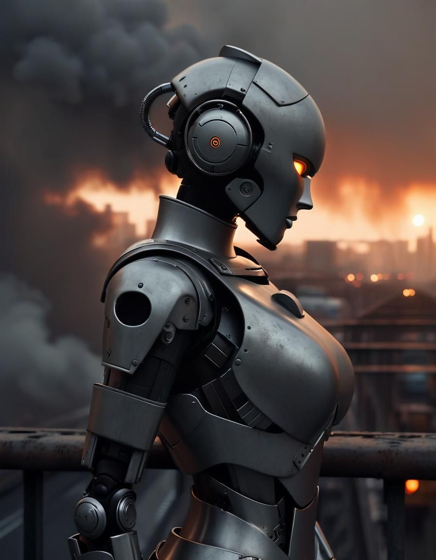 Post-Apocalyptic Robot on Bridge in Cinematic Style