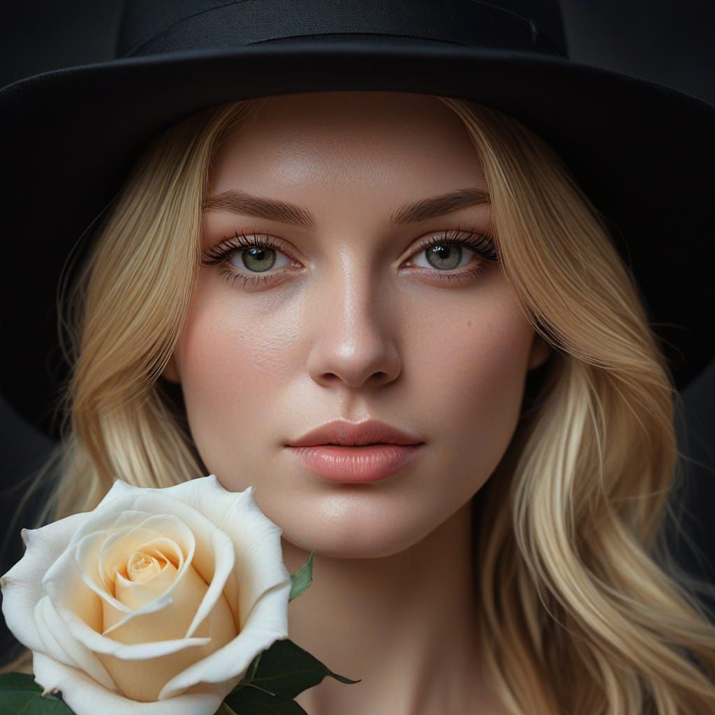 Blond Woman in Black Hat with White Rose