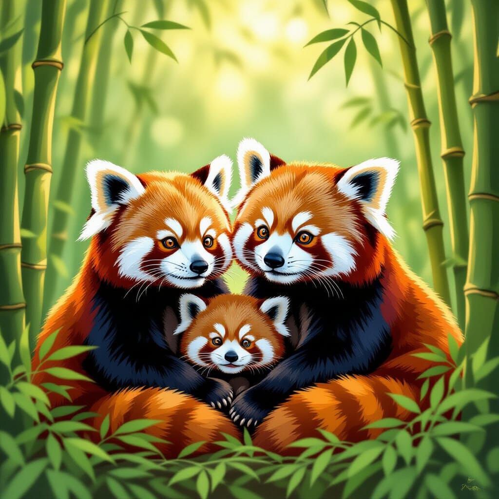 Heartwarming Red Panda Family Portrait in Whimsical Style