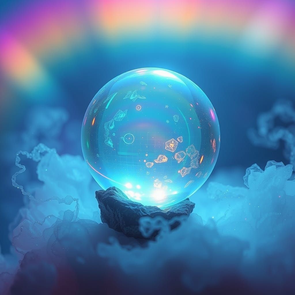 Iridescent Crystal Ball Expanding in Shimmering Mist