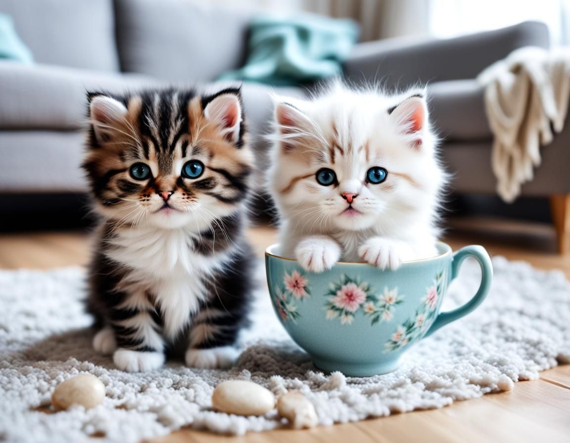 Adorable Fluffy Kittens in Cozy Living Room Scene