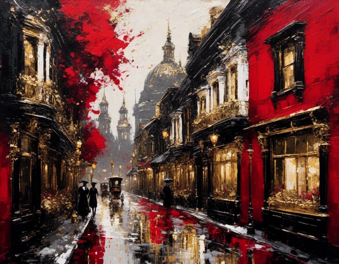 Victorian Cityscape: Impasto Painting in Red, White, Gold