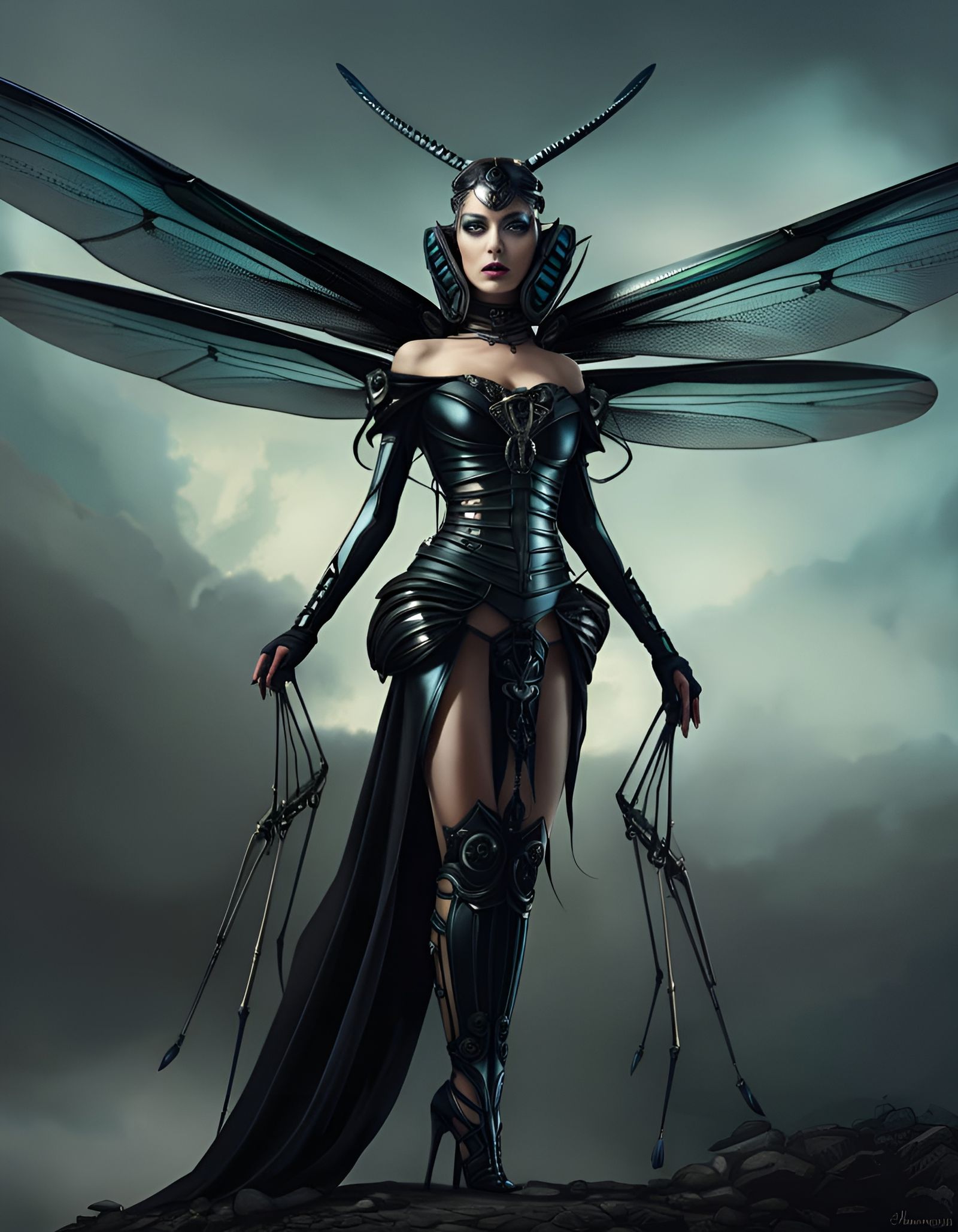 Gothic Dragonfly Woman: A Hyperrealistic Sci-Fi Horror