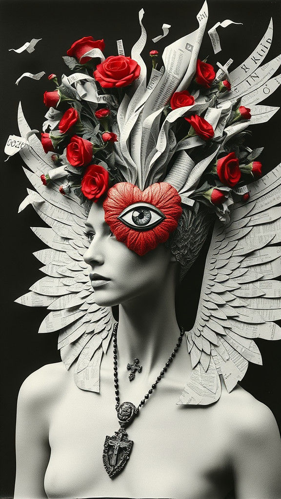 Surrealist Collage Portrait with Geometric Wings