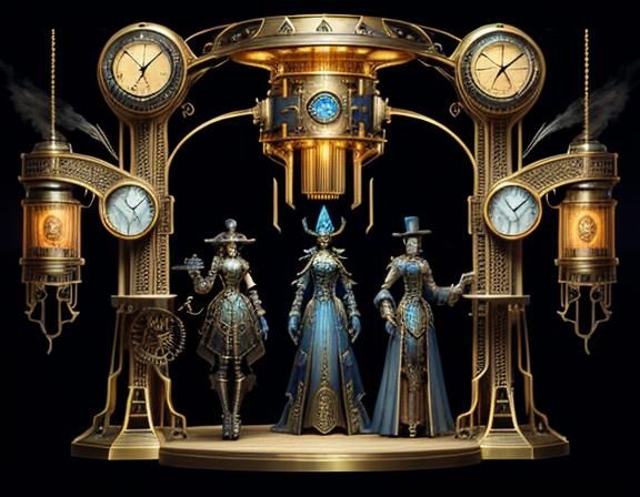 Steampunk Time Machine with Uniformed Women