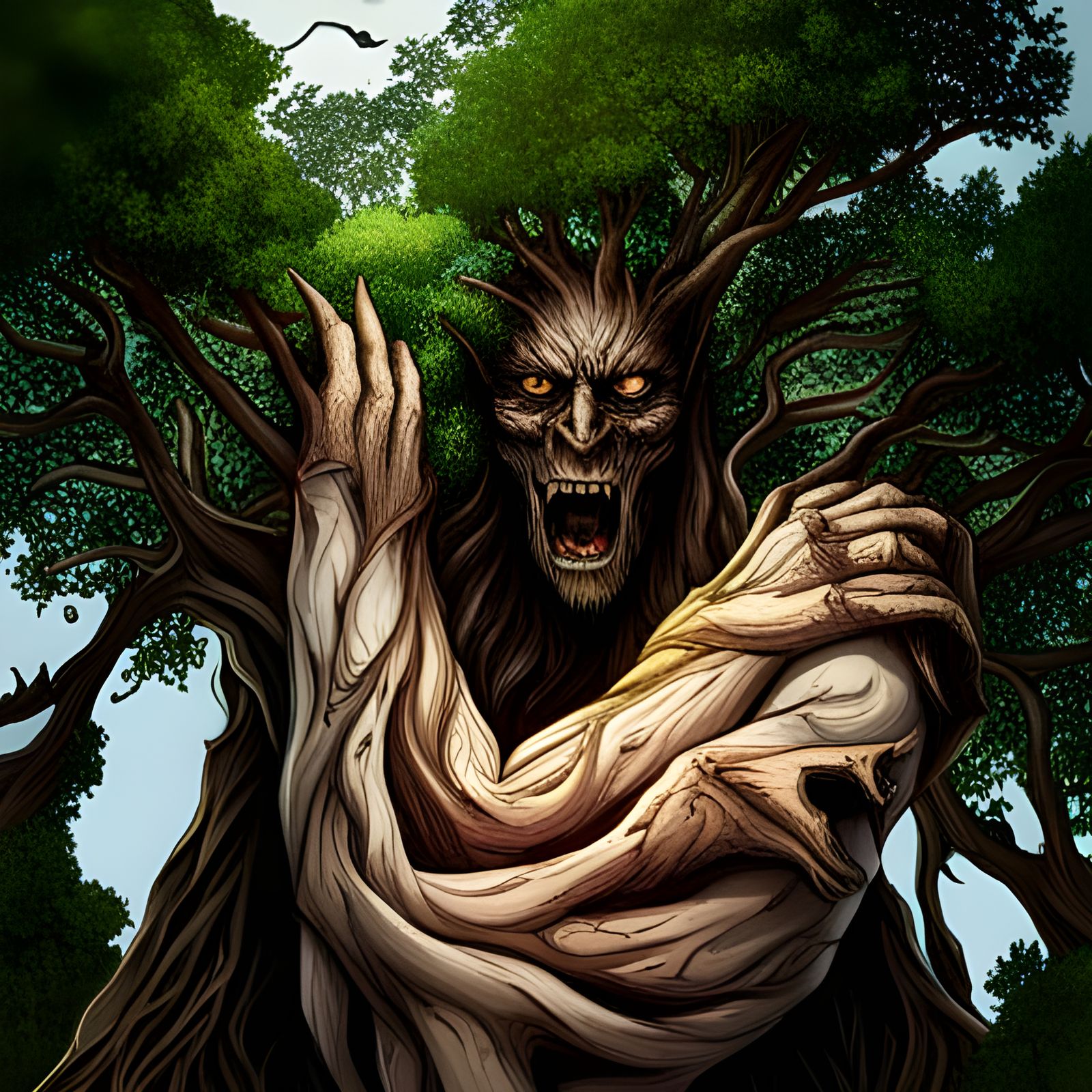 Menacing Tree with Knife in Digital Art Style