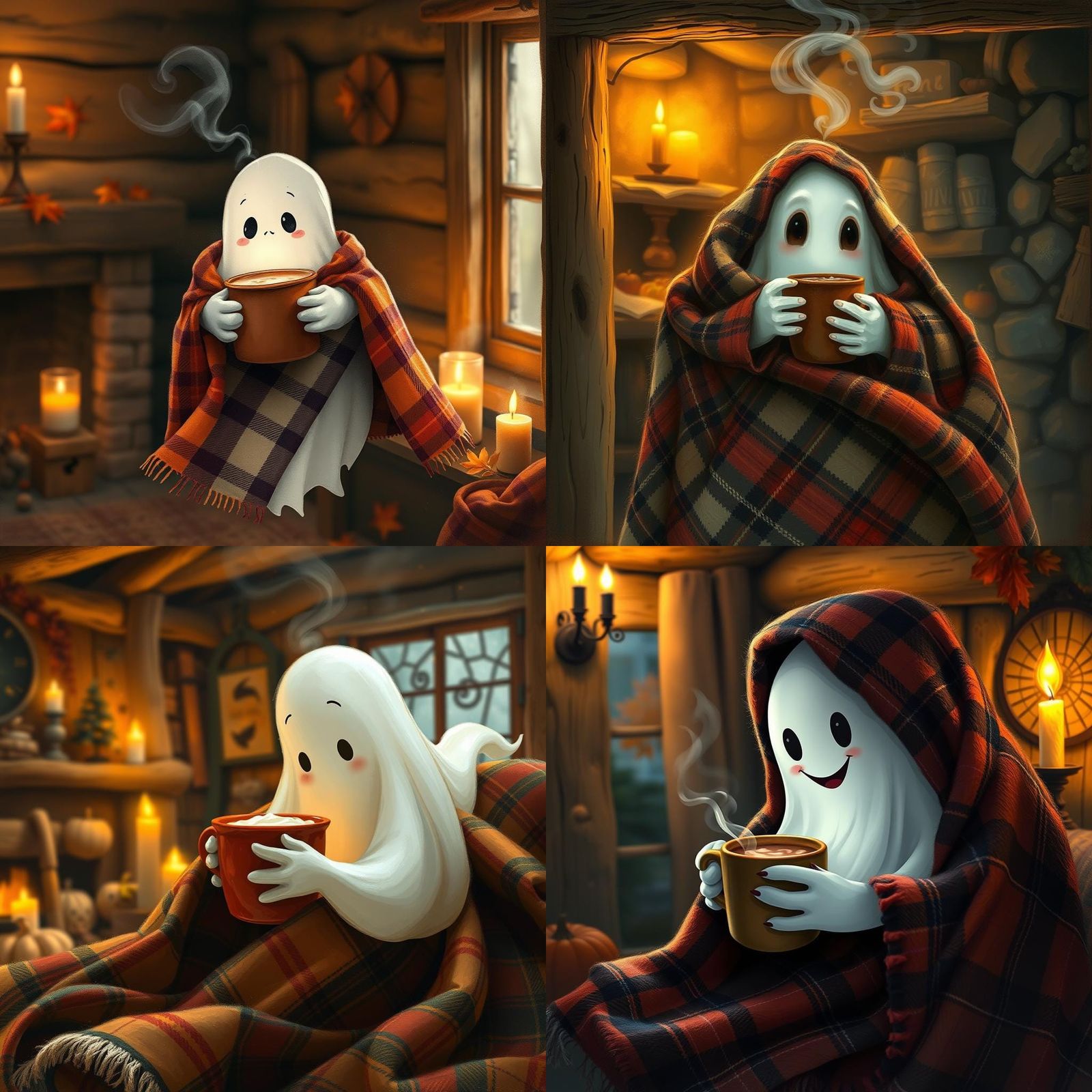 Whimsical Ghost in Tartan Blanket, Impasto Illustration
