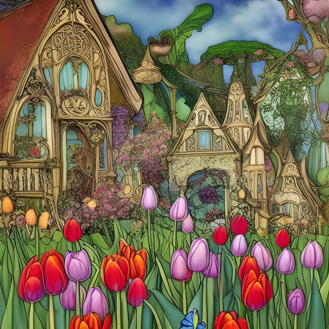 Art Nouveau Fairy Village with Tulips