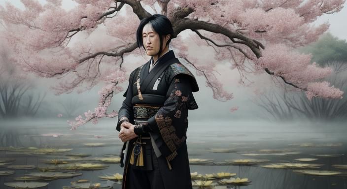 Samurai by Lotus Tree in Detailed Realism