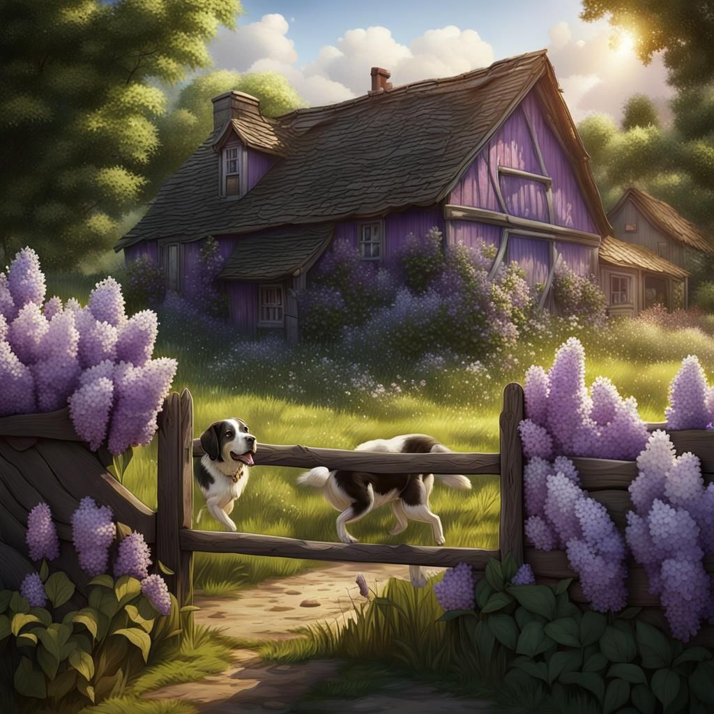 Farmhouse Scene with Lilacs, Matte Painting
