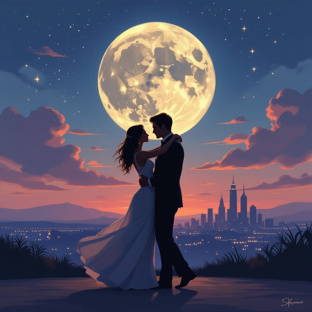 Couple Dancing Under Moon in Alphonse Mucha Style