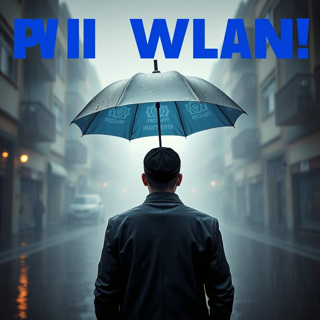 Elegant Haredi Man Shields Against Rain in a Moody Urban Sce...