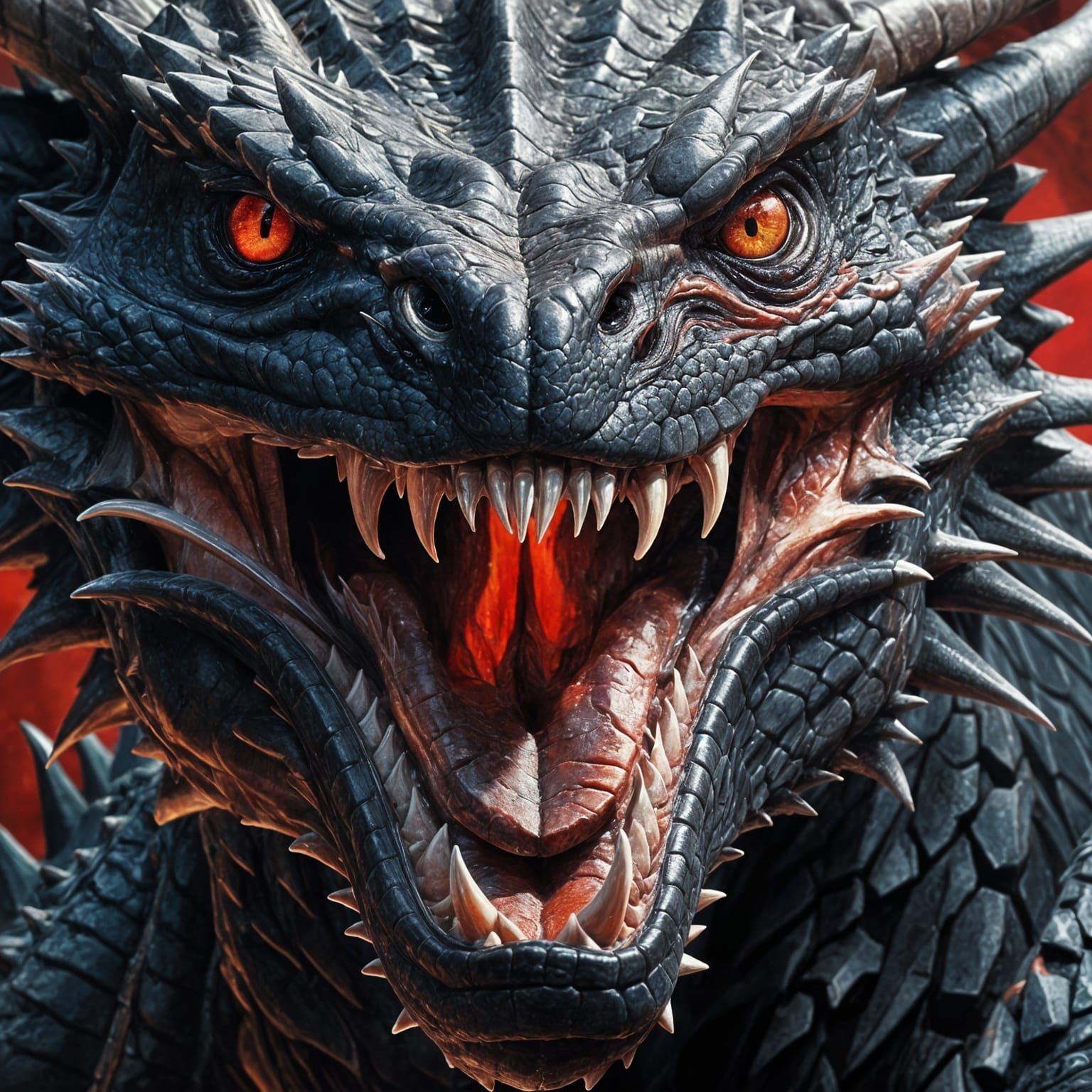 Menacing Black Dragon Eye Close-up, Oil Painting