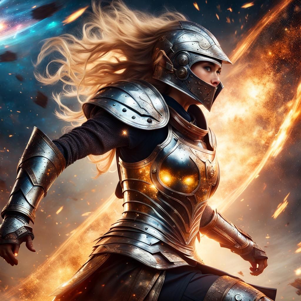 Armored Woman Running Through Shattered Galaxies