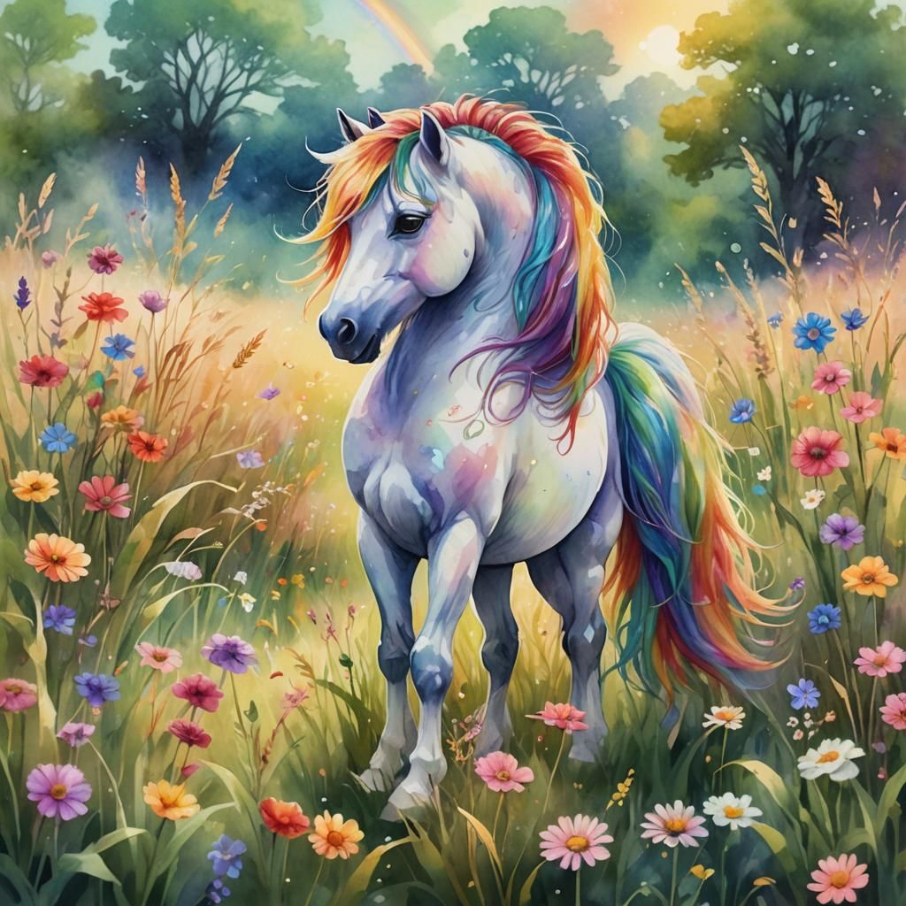 Rainbow Pony in Dreamy Watercolor Field