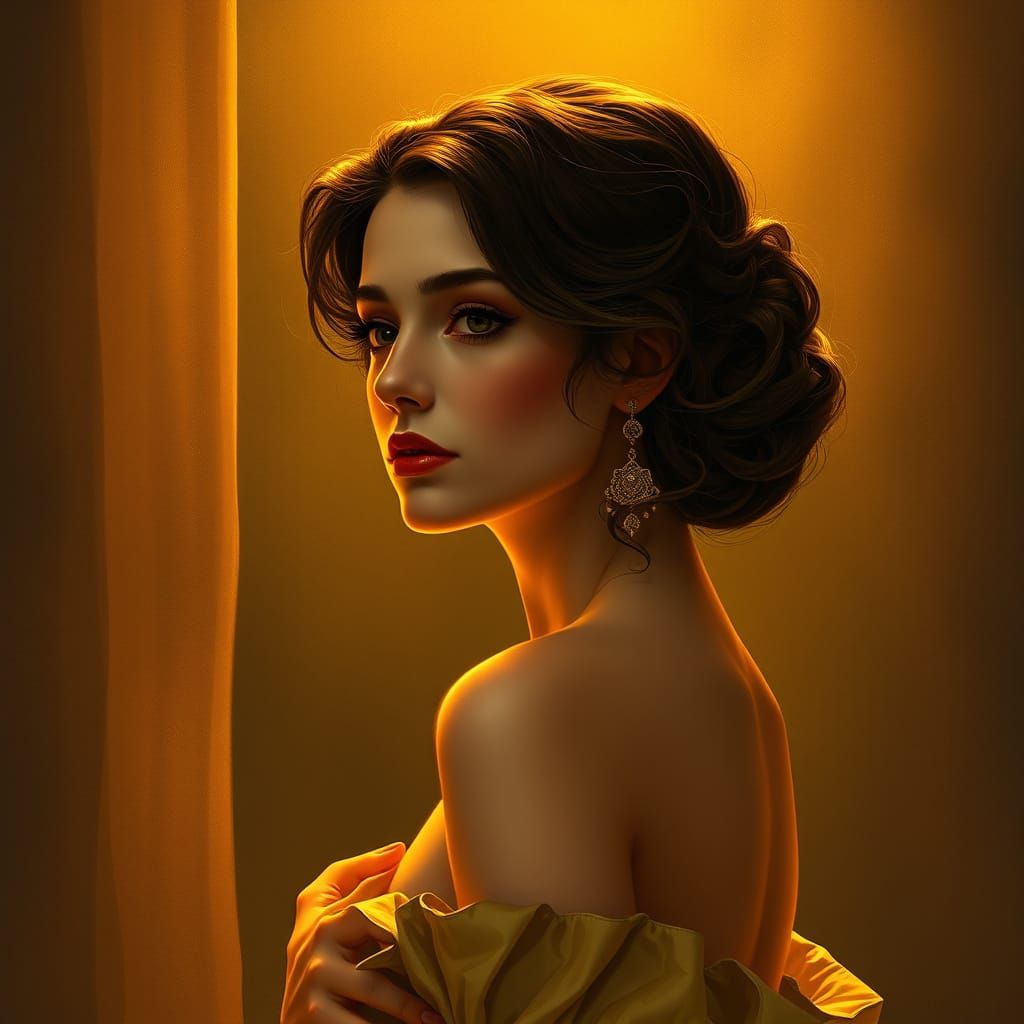 Contemplative Woman in Golden Light, Art Nouveau Style