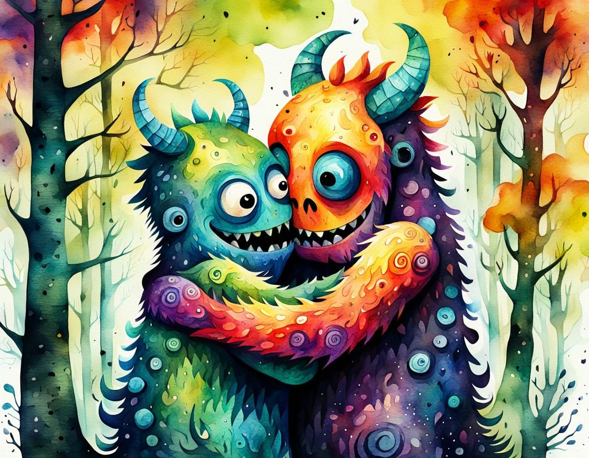 Monsters Hugging in Watercolor Illustration