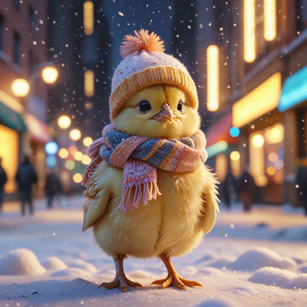 Cute Baby Chicken in Snowy New York: Anime Style