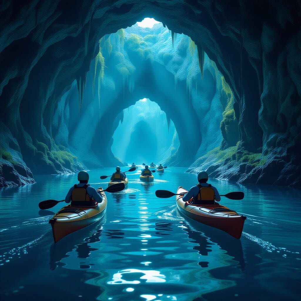 Kayakers Explore Dark Cave System with Headlamp Illumination