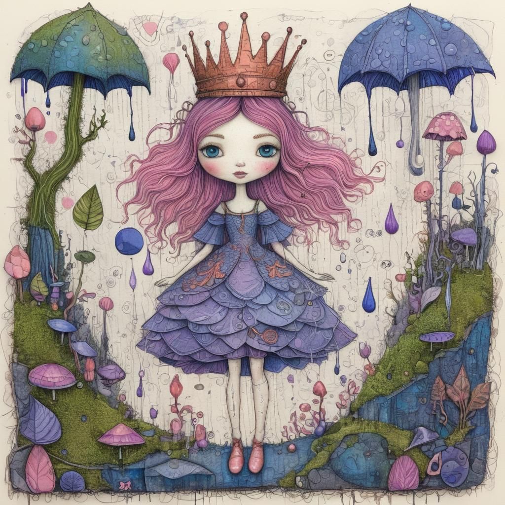 Moss Princess in Doodle World Mixed Media Illustration