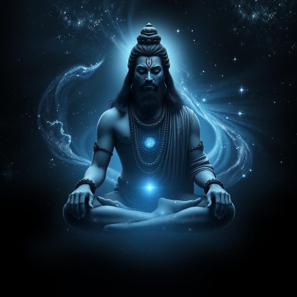 Serenely Seated Cosmic Entity in Majestic Black and Blue Uni...