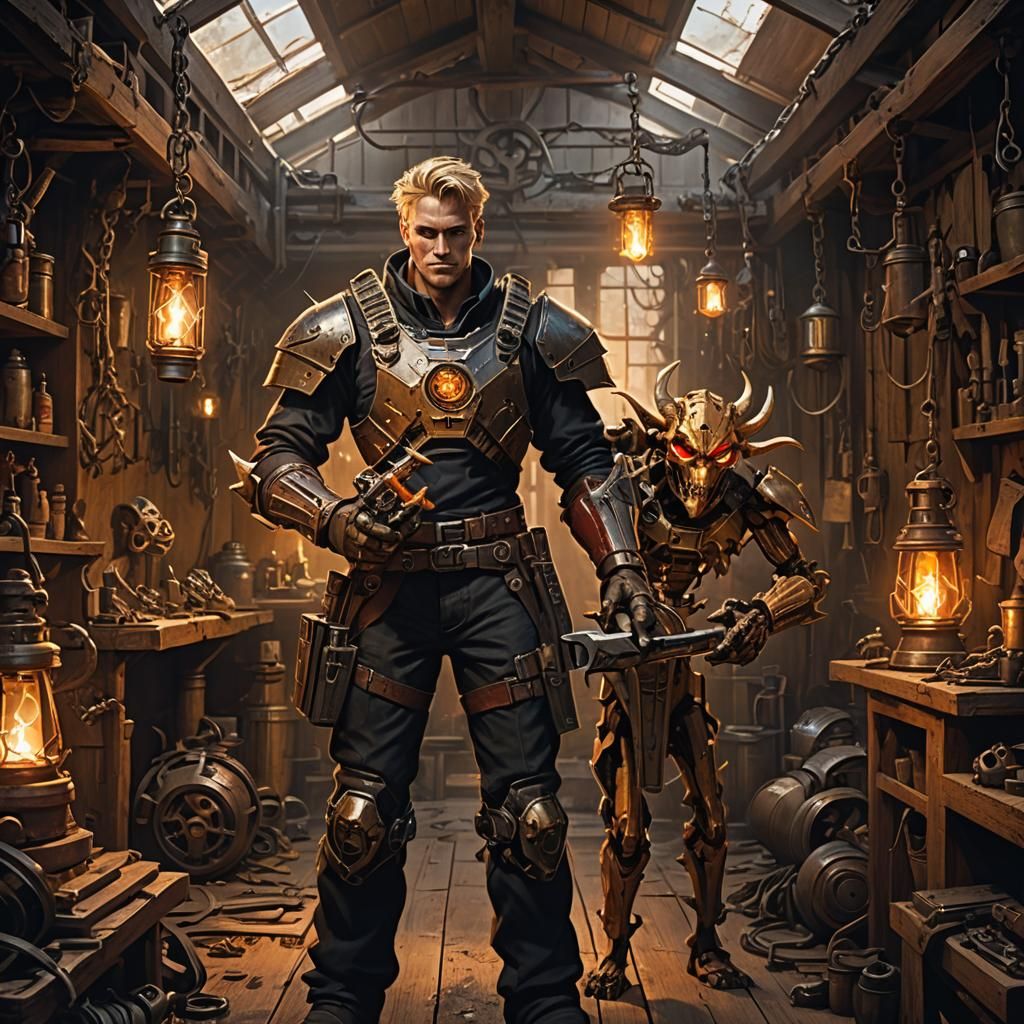 Mechanic with Cursed Object in Dark Fantasy Style