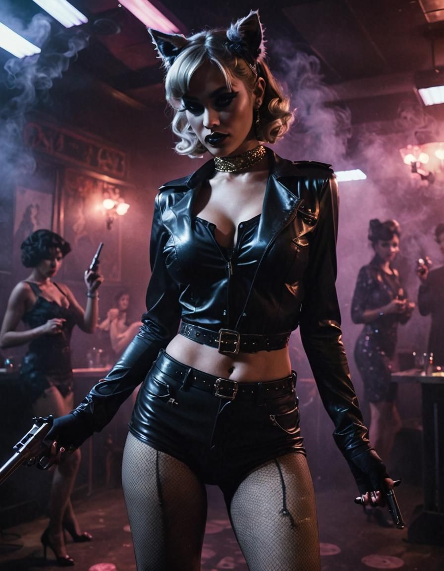 Exotic Dancer with Pistols in Noir Nightclub