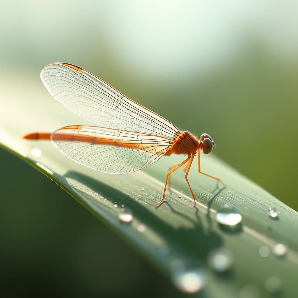 Dragonfly Wing with Dewdrops in Soft Light