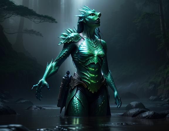 Majestic Amphibian Woman on Misty Shoreline