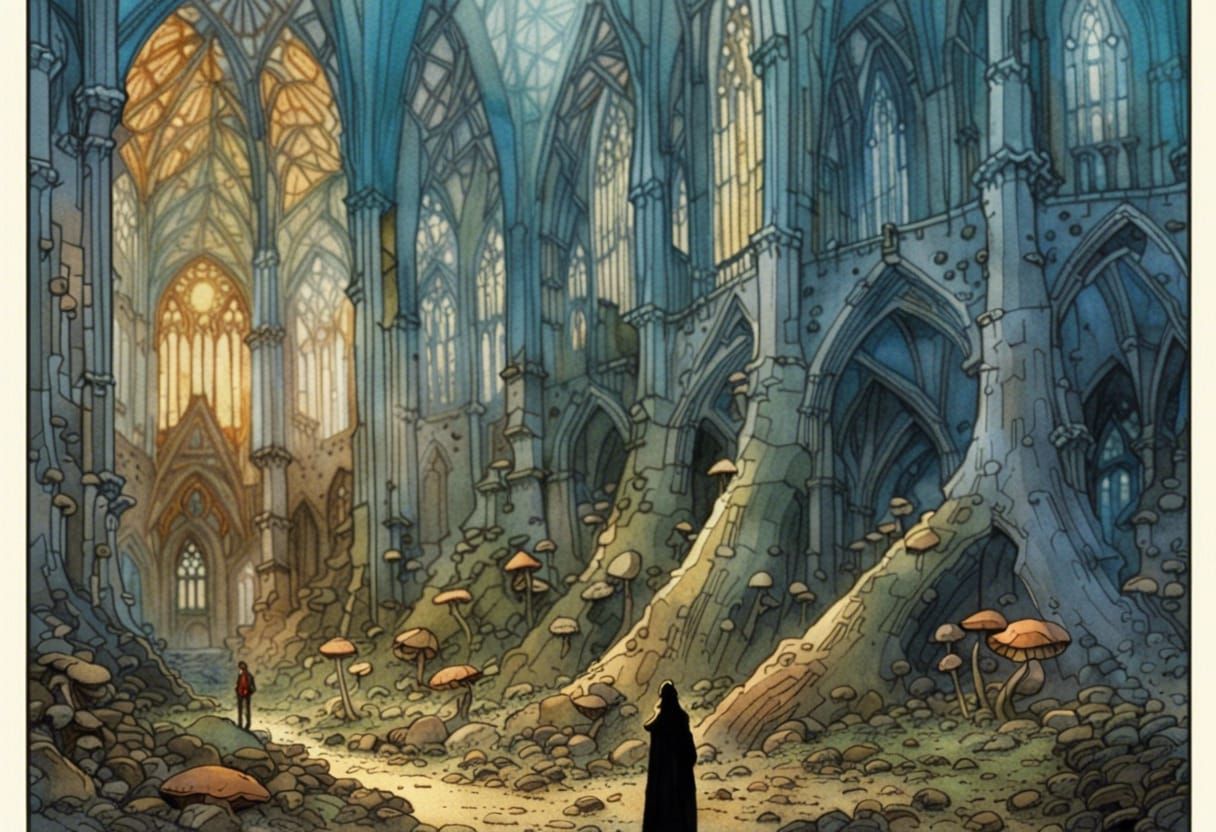 Mushroom Cathedral Interior in Watercolor Comic Style