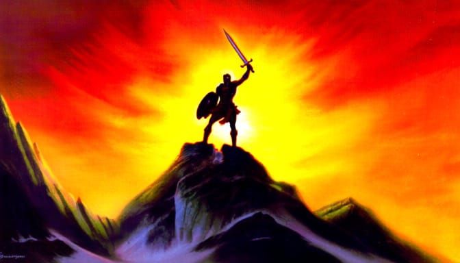 Triumphant Warrior at Sunset Mountain Peak