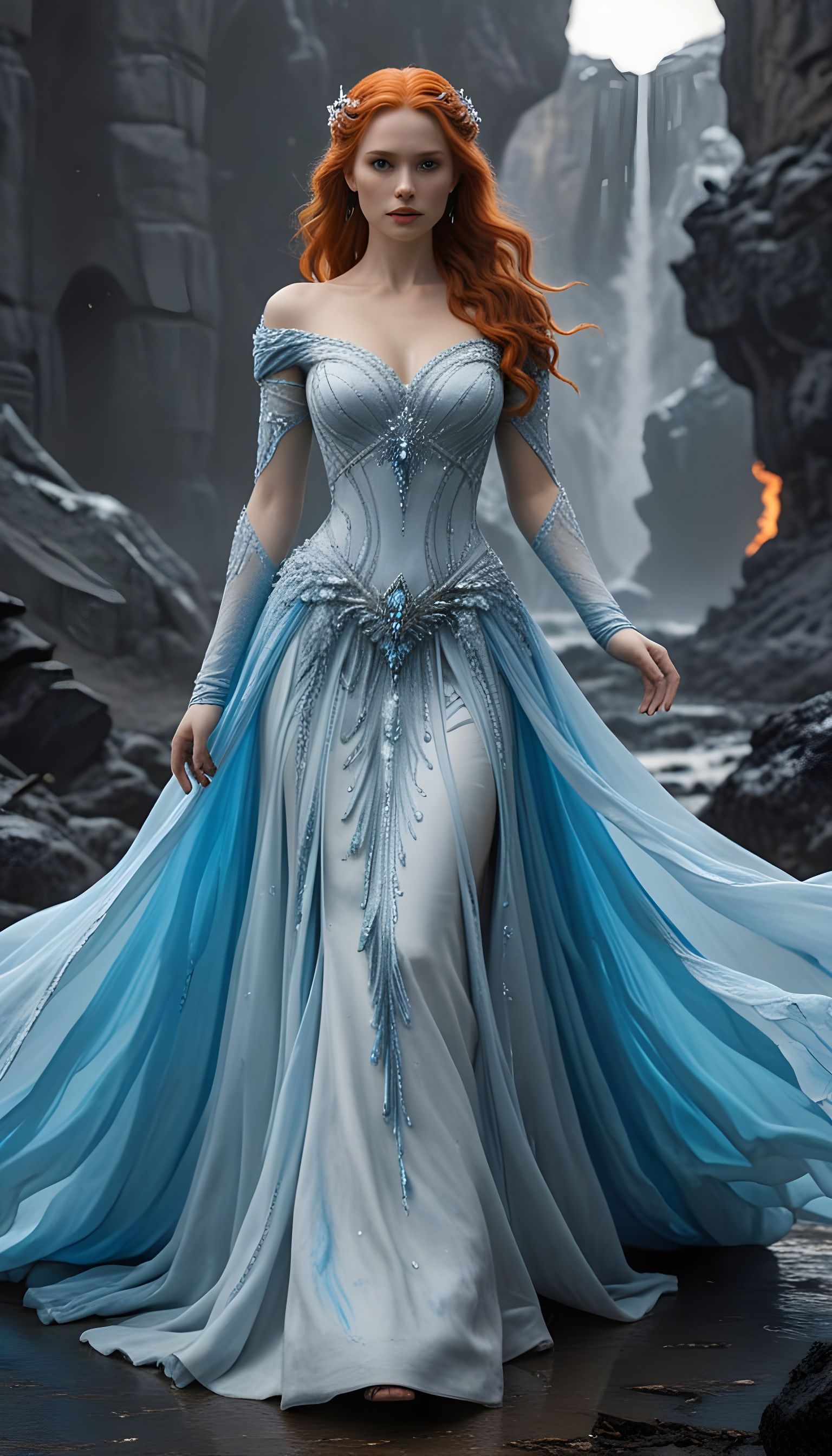 Ethereal Goddess of Ice and Fire in Regal White Attire