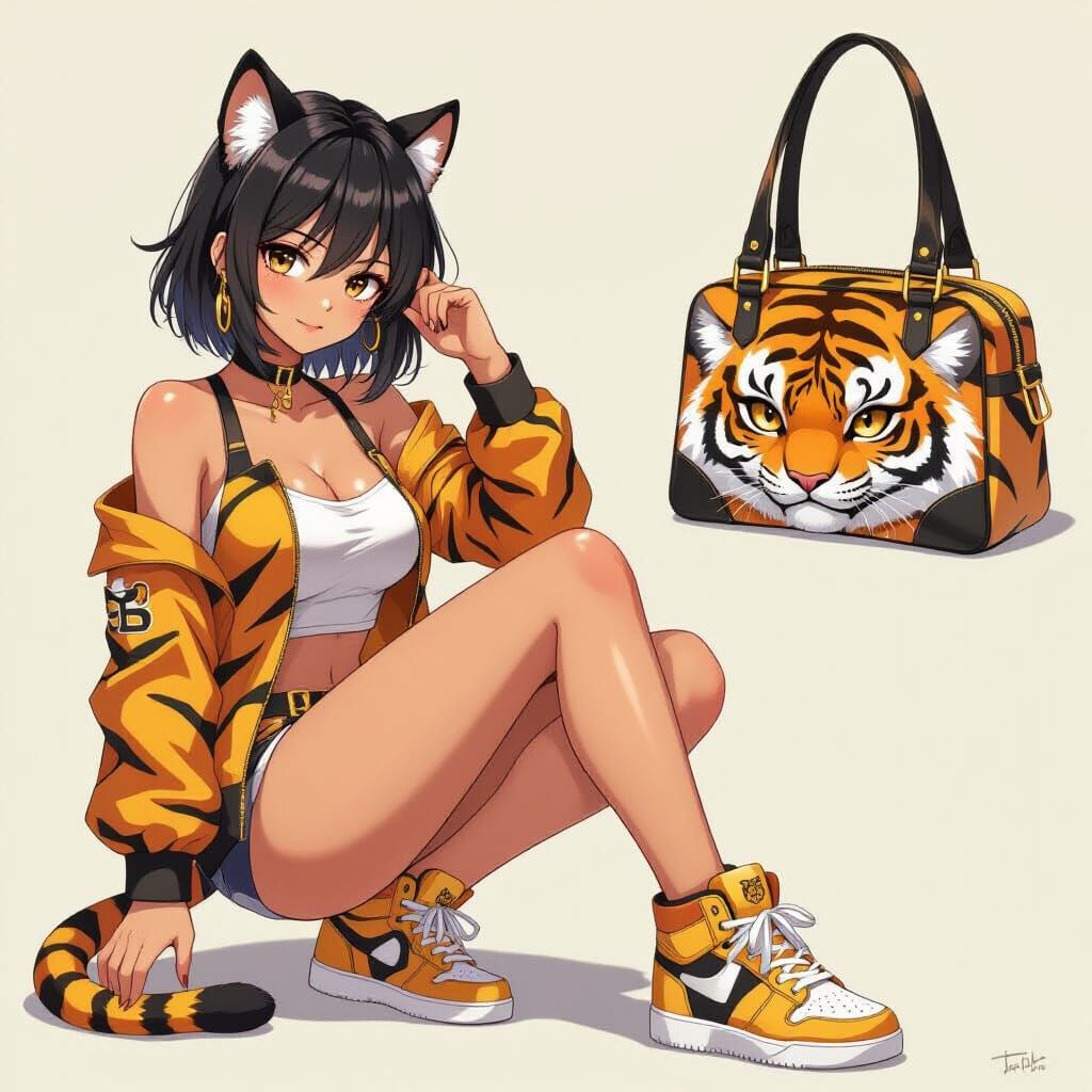 Anime Woman in Tiger Outfit and Sneakers