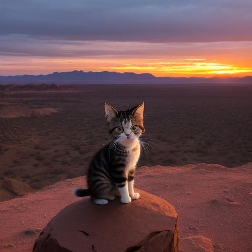 Grumpy Kitten at Desert Sunset, Endless Landscape