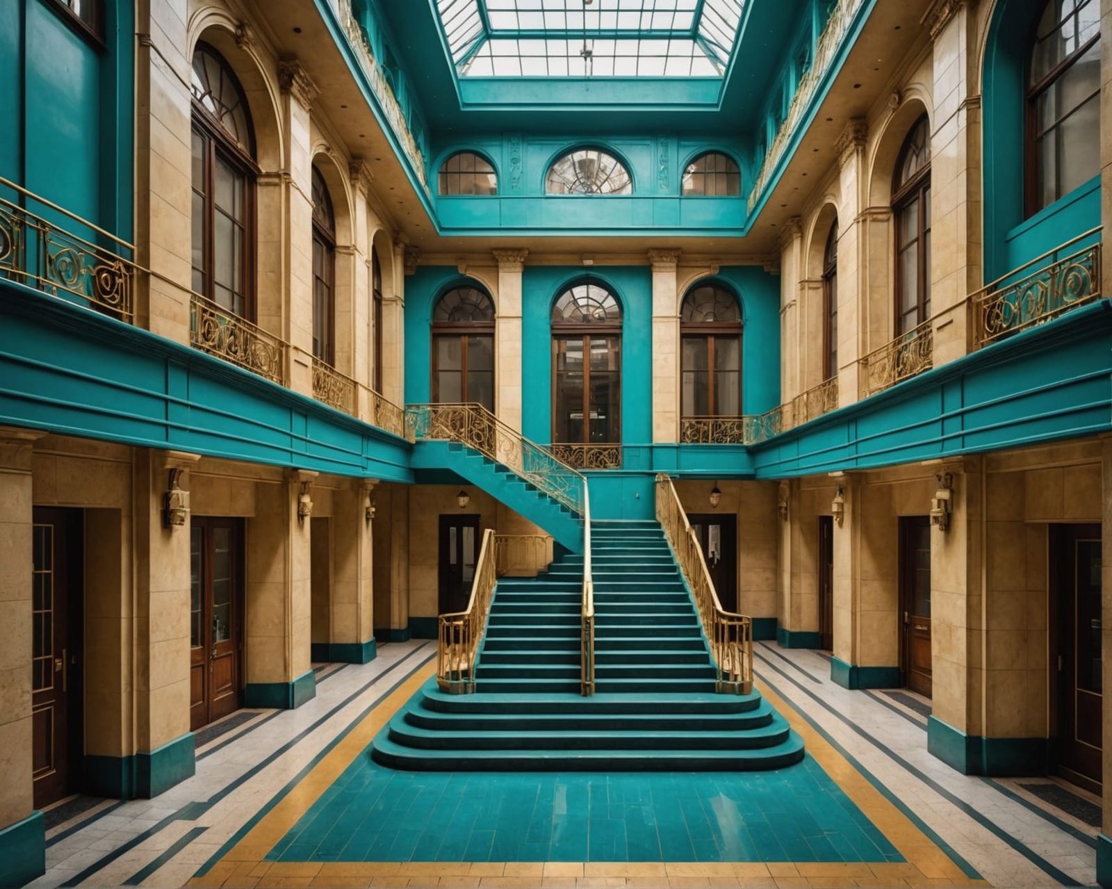 Art Deco Courtyard with Teal and Gold Staircase