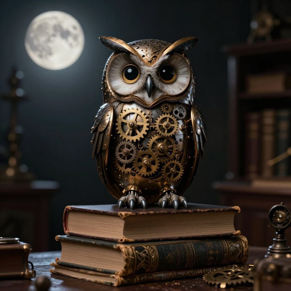 Clockwork Owl on Books in Moody Study