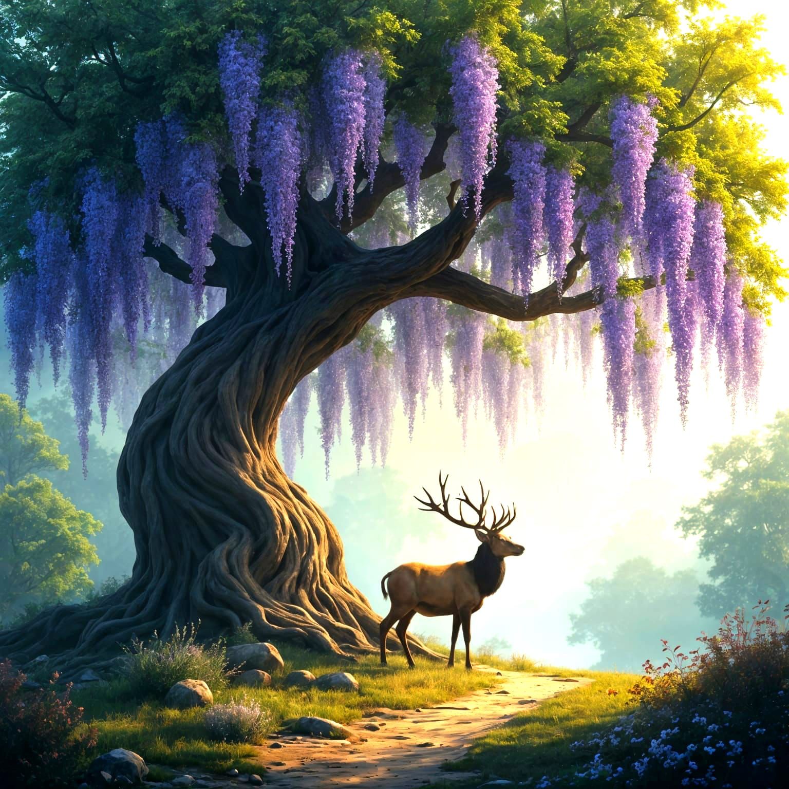 Majestic Stag Beneath a Twisted Willow Tree